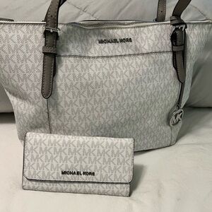 Michael Kors White and Gray Tote Bag with Wallet